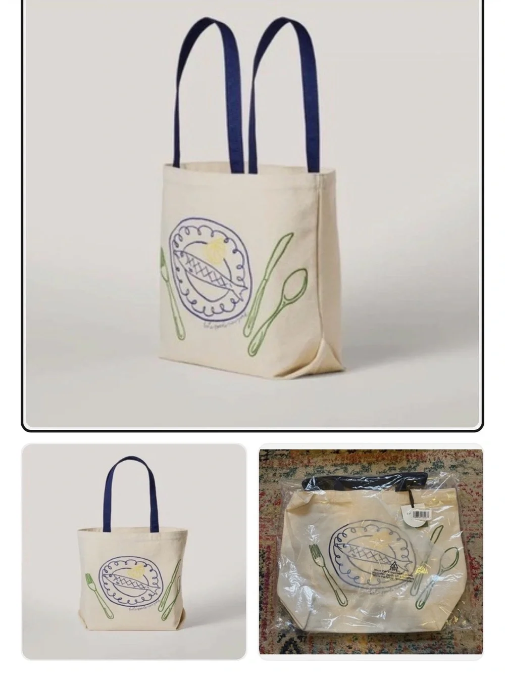 kate spade Canvas Tote with Navy Handles and Multicolor Plate Print